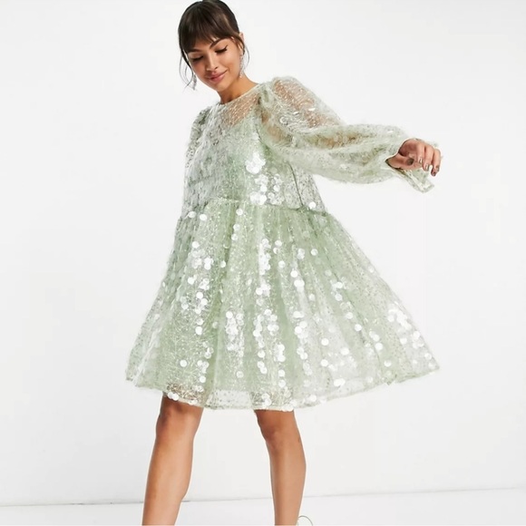 ASOS EDITION SEQUINED SHEER PART DRESS SZ 0 OVERSIZED MINT GREEN GOLD THREADING - Picture 8 of 10